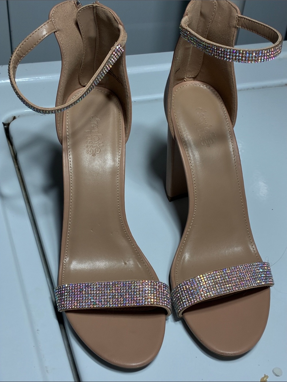 Charlotte Russe Nude Rhinestone Ankle-Strap Block Heels